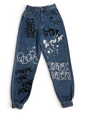 SONG Graffiti Print Denim Joggers 0/24 High Waist Streetwear Baggy Y2K Art Jeans